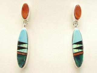 Genuine Turquoise, Spiny Oyster Shell and Black Jade inlaid in Sterling Silver Post Earrings. Beautiful Fire and Ice Lab Opal Accents. Designed by Navajo Artist Calvin Begay. Signed.