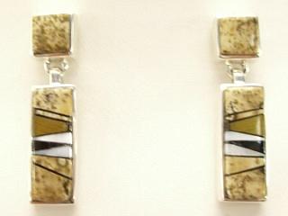 Genuine Picture Jasper and Black Jade inlaid in Sterling Silver Post Earrings. Beautiful Genuine Mother of Pearl Accents. Designed by Navajo Artist Calvin Begay. Signed. 
