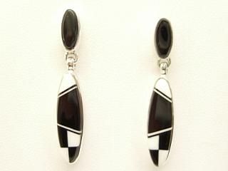 Genuine Spiny Oyster Shell and Black Jade inlaid in Sterling Silver Post Earrings. Beautiful Fire and Ice Lab Opal Accents. Designed by Navajo Artist Calvin Begay. Signed. 
