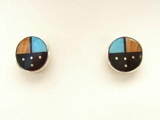 Genuine Turquoise, Spiny Oyster Shell, and Jet inlaid in Sterling Silver Post Earrings. Created by Navajo Artist Jimmy Poyer. Signed. Jimmy Poyer is a Navajo Indian who lives in the Four Corners. He uses all natural materials in hs jewelry designs. He hopes you enjoy this creation. 