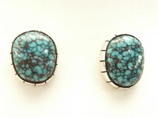 Genuine Turquoise set in Sterling Silver Post Earrings. Created by Navajo Artist Clarence Chee. Signed.