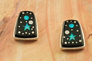 Genuine Sugilite, Turquoise, Mother of Pearl and Blue Lapis inlaid in Sterling Silver French Wire Earings. Created by Navajo Artist Jimmie Harrison. Signed. Yei gods, midnight galaxy constellations and Navajo landscapes inspire Jimmie in his award winning jewelry designs. May his creations help you walk the Navajo path of beauty.