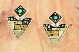 These Earrings are a work of art! Beautiful Starry Night at the Pueblo Design. Featuring Picture Jasper and Black Jade inlaid in Sterling Silver Post Earrings. Beautiful Fire and Ice Lab Opal Moon. Designed by Navajo Artist Calvin Begay. Signed by the artist.