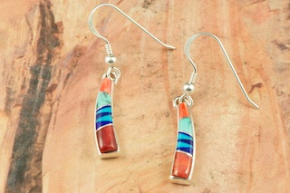 Genuine Sleeping Beauty Turquoise and Spiny Oyster Shell inlaid between ribbons of Sterling Silver. Beautiful Half Hoop Post Earrings with precision channel inlay.  Created by Navajo Artist Calvin Begay.