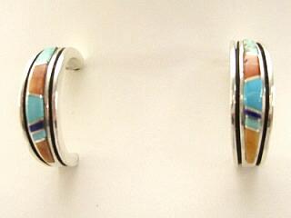 Genuine Sleeping Beauty Turquoise and Spiny Oyster Shell inlaid between ribbons of Sterling Silver. Beautiful Half Hoop Post Earrings with precision channel inlay.  Created by Navajo Artist Calvin Begay.