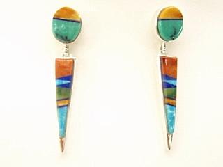 Genuine Sleeping Beauty Turquoise inlaid between ribbons of Sterling Silver. Beautiful Half Hoop Post Earrings with precision channel inlay.  Created by Navajo Artist Calvin Begay.