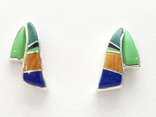 Genuine Turquoise, Black Jade and Spiny Oyster Shell inlaid between ribbons of Sterling Silver. Fire & Ice Lap Opal Accents.  Post Earrings Designed by Navajo Artist Calvin Begay. Signed.
