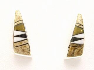 Genuine Turquoise, Blue Lapis, Sugilite and Spiny Oyster Shell inlaid between ribbons of Sterling Silver. Post Earrings Designed by Navajo Artist Calvin Begay. Signed.