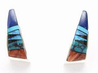 Genuine Abalone Shell inlaid between ribbons of Sterling Silver. Stunning Post Earrings Designed by Navajo Artist Calvin Begay. Signed. 
