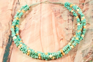 Genuine Sleeping Beauty Turquoise Nuggets and Wild Horse Nuggets with Sterling Silver Beads. Stunning Necklace with Sterling Silver Clasp. Created by Santo Domingo Artist Carol Pacheco. The Santo Domingo Pueblo is in New Mexico, near Santa Fe.