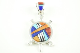 Genuine Sleeping Beauty Turquoise, Spiny Oyster Shell, Sugilite and Blue Lapis inlaid in Sterling Silver Butterfly Pendant.  Free 18