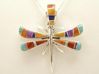 Genuine Turquoise, Sugilite, Spiny Oyster Shell and Blue Lapis inlaid between ribbons of Sterling Silver. Stunning Dragonfly Pendant features precision inlay on the bale and pendant. Free 18