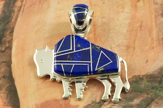 Stunning Buffalo Pendant featuring Genuine Blue Lapis inlaid between ribbons of Sterling Silver. Free 18