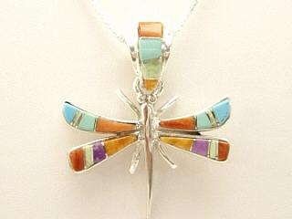 Genuine Turquoise, Spiny Oyster Shell and Sugilite inlaid between ribbons of Sterling Silver. Beautiful Dragonfly Pendant with precision inlay on the Bale and Pendant. Free 18