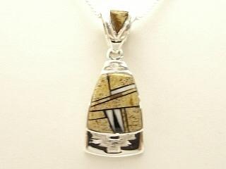 Genuine Picture Jasper, Turquoise and Black Jade inlaid between ribbons of Sterling Silver Pendant. Precision inlay on the bale and pendant. Free 18