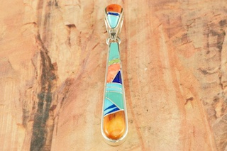 Genuine Turquoise, Spiny Oyster Shell and Blue Lapis inlaid between ribbons of Sterling Silver. Free 18