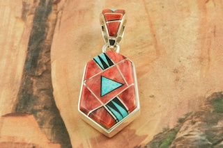 Genuine Spiny Oyster Shell, Turquoise and Black Jade inlaid between ribbons of Sterling Silver. Beautiful reversible pendant with contemporary sterling silver design. Precision inlay on the bale and pendant. Free 18