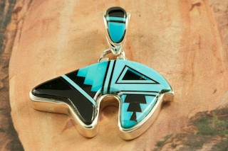 Genuine Sleeping Beauty Turquoise and Black Jade inlaid in Sterling Silver.  Stunning Reversible Bear Pendant with Contemporary Sterling Silver Design. Free 18