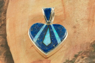 Beautiful Heart Pendant featuring Genuine Blue Lapis inlaid in Sterling Silver with Fire and Ice Lab Opal Accents. Free 18