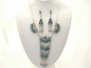 Authentic Native American Jewelry. Beautiful Zuni Petit Point Necklace and Earrings Set. Genuine Sleeping Beauty Turquoise set in Sterling Silver. Created by Zuni Artist Bernadette Wayco. Signed.