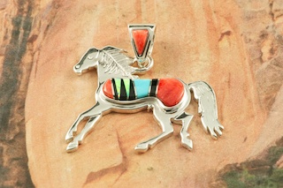 Beautiful Horse Pendant featuring Genuine Sleeping Beauty Turquoise, Spiny Oyster Shell and Black Jade inlaid between ribbons of Sterling Silver. Fire and Ice Lab Opal Accents. Free 18