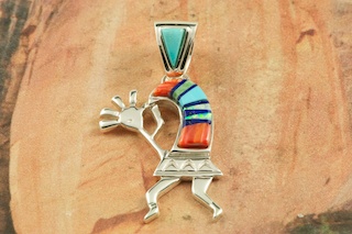 Genuine Turquoise, Spiny Oyster Shell and Blue Lapis inlaid in Sterling Silver. Beautiful Kokopelli Pendant with Fire and Ice Lab Opal Accents. Free 18