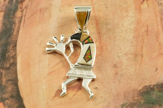 Stunning Kokopelli Pendant featuring Genuine Jasper and Black Jade. Accented with Fire and Ice Lab Opals inlaid in Sterling Silver. Precision inlay on the bale and the pendant. Free 18