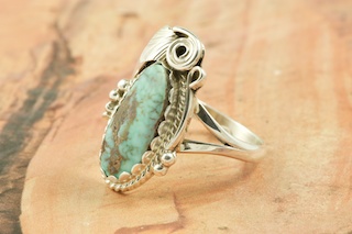 Genuine Dry Creek Turquoise set in Sterling Silver Ring. The Dry Creek Mine is located near Battle Mountain, Nevada. Dry Creek Turquoise forms when there are no heavy metals present such as copper or iron. To date, no other vein of this Turquoise has been discovered anywhere else other than the Dry Creek Mine and when this vein runs out, that will be the last of it. Because this Turquoise is as rare as the sacred buffalo, the Indians call it 