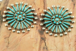 Ophelia Soseeah Zuni Handmade Sterling Silver Turquoise Needle point Earrings 