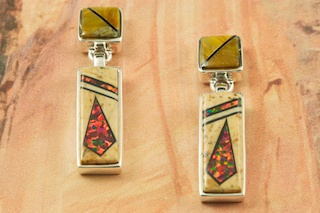 Genuine Picture Jasper and Black Jade inlaid in Sterling Silver. Beautiful Fire and Ice Lab Opal Accents. Post Earrings Designed by Navajo Artist Calvin Begay. Signed by the artist.