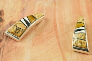 Genuine Picture Jasper, Magnesite and Black Jade inlaid in Sterling Silver. Stunning Post Earrings Designed by Navajo Artist Calvin Begay. Signed by the artist.