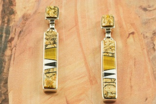 Beautiful Earrings featuring Genuine Picture Jasper, Magnesite and Black Jade inlaid in Sterling Silver. Post Earrings Designed by Navajo Artist Calvin Begay. Signed by the artist.