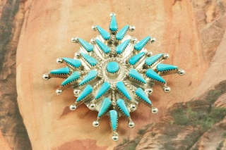 Genuine Sleeping Beauty Turquoise set in Sterling Silver Pendant. Can also be worn as a Brooch. Beautiful Petit Point Design. The Sleeping Beauty Turquoise Mine is located in Gila County, Arizona. Free 18
