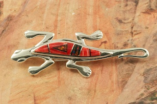 Beautiful Lizard Brooch featuring Genuine Spiny Oyster Shell and Black Jade inlaid in Sterling Silver. Accented with Fire and Ice Lab Opals. Designed by Navajo Artist Calvin Begay. Signed by the artist.