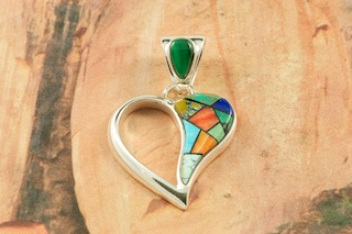 Heart Pendant features a Beautiful Mosaic Design. Genuine Sleeping Beauty Turquoise, Spider Web Turquoise, Spiny Oyster Shell and Blue Lapis inlaid in Sterling Silver.  Free 18
