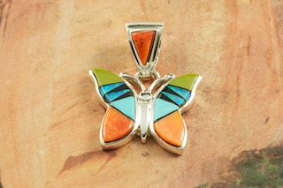 Beautiful Butterfly Pendant featuring Genuine Sleeping Beauty Turquoise, Spiny Oyster Shell, Gaspeite  and Blue Lapis inlaid in Sterling Silver.  Fire and Ice Lab Opal Accents. Free 18