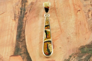 Stunning Pendant featuring Genuine Picture Jasper and Black Jade inlaid in Sterling Silver. Beautiful Fire and Ice Lab Opal Accents. Free 18