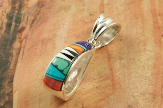 Genuine Sleeping Beauty Turquoise, Spiny Oyster Shell, Black Jade, Magnesite and Blue Lapis inlaid in Sterling Silver Pendant. Free 18