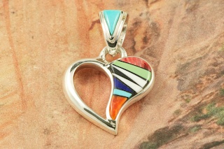 Stunning Heart Pendant featuring Genuine Turquoise, Blue Lapis, Magnesite, Black Jade and Spiny Oyster Shell inlaid in Sterling Silver. Free 18