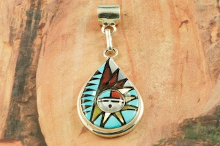 Beautiful Zuni Sun Face Pendant featuring Genuine Turquoise, Red Coral, Mother of Pearl and Jet inlaid in Sterling Silver. Created by Zuni Artist Angelena Laathy. Signed by the artist. Free 18