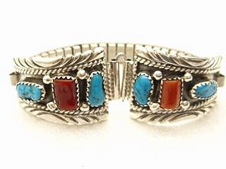 Genuine Turquoise & Coral set in Sterling Silver Ladies Watch Tip with expandable band. Created by Navajo Artist Carlos Sandoval. Signed