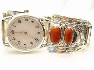Genuine Coral set in Sterling Silver.  Men's Watch with an expandable Band. Navajo Made