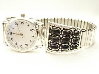 Genuine Black Onyx set in Sterling Silver Watch Tip with an expandable Watch Band. Navajo made.