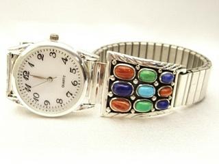 Genuine Turquoise, Lapis, Spiny Oyster Shell & Gaspite set in Sterling Silver Watch Tip with an expandable Watch Band. Navajo Made.