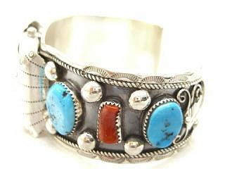 Genuine Sleeping Beauty Turquoise and Blood Red Coral set in Sterling Silver Watch Bracelet. Created by Navajo Artist Mike Arviso. Signed M.