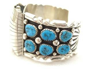 Genuine Turquoise set in Sterling Silver Watch Bracelet. Heavy Gauge Sterling Silver. Created by Navajo Artist Francis Begay. Signed.