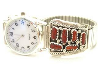 Genuine Blood Red Coral set in Sterling Silver Watch Tip with an expandable Watch Band. Navajo Made
