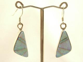 Fire & Ice Lab Opal inlaid between ribbons of Sterling Silver. Sterling Silver French Wire Earrings. Created by Navajo Artist Gloria Long