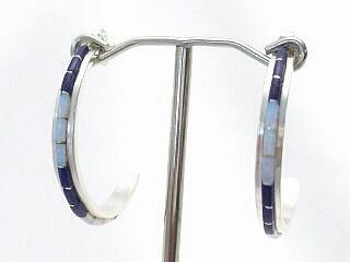 Genuine Blue Lapis and Fire & Ice Lab Opals inlaid between ribbons of Sterling Silver. Sterling Silver hoop post Earrings. Created by Zuni Artist Susanna Kallestewa. Signed SK.