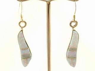 Fire & Ice Lab Opal inlaid between ribbons of Sterling Silver. Sterling Silver French Wire Earrings. Created by Navajo Artist Evonne ogers.